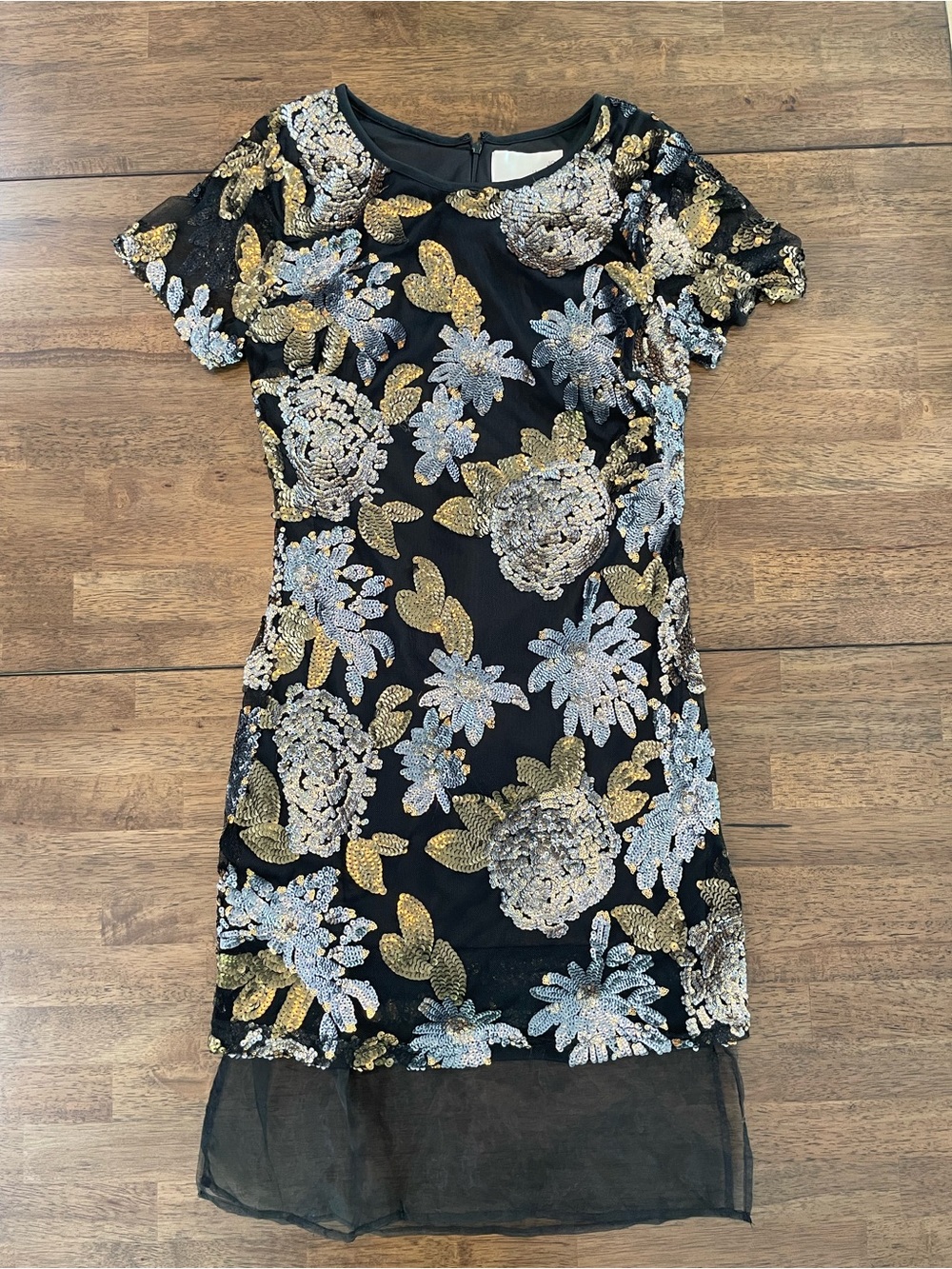 J.O.A. Black Mini Dress with Gold and Silver Sequin Floral Appliqué sz S As IS